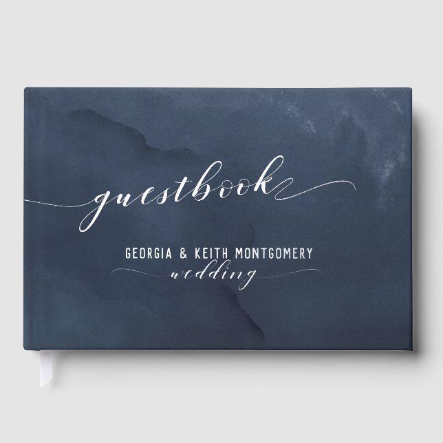 Navy Watercolor Silver Script Elegant Wedding  Guest Book (Front)