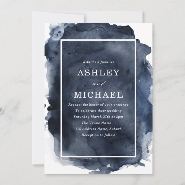 Navy Watercolor Splash White Border Wedding Invitation (Front)