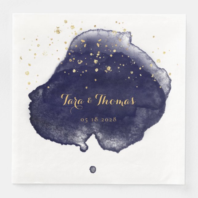 Navy Watercolor Stain Gold Ink Splatter Wedding Napkin (Front)
