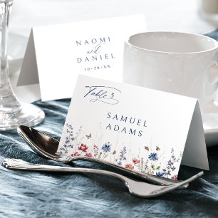 Navy Watercolor Wildflower Foldable Place Card