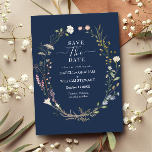 Navy Watercolor Wildflower Theme Save The Date Invitation