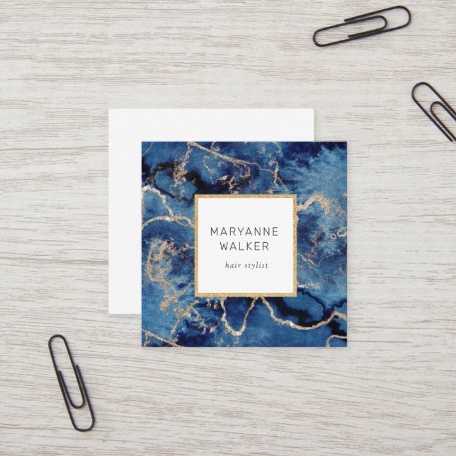 Navy Waves Gold Salon Hairstylist Elegant Square Business Card (Front/Back In Situ)