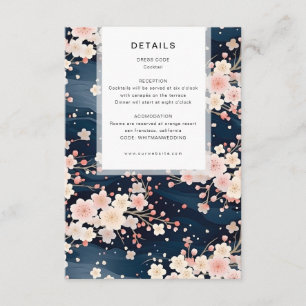 Navy Waves Sakura Blossom Modern Wedding Details Enclosure Card