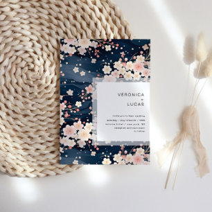 Navy Waves Sakura Blossom Modern Wedding Invitation