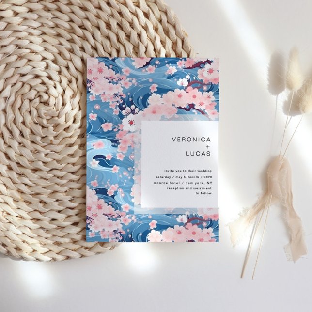 Navy Waves Sakura Blossom Modern Wedding Invitation (Creator Uploaded)