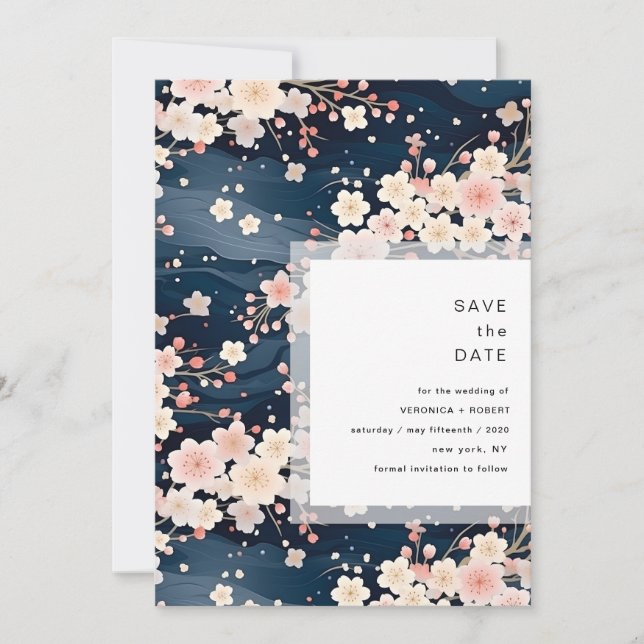 Navy Waves Sakura Blossom Modern Wedding Save The Date (Front)