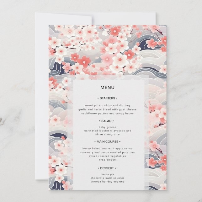 Navy Waves Sakura Floral Modern Wedding Menu Invitation (Front)
