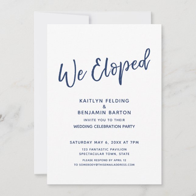 Navy We Eloped Casual Modern Reception-Only Invitation (Front)