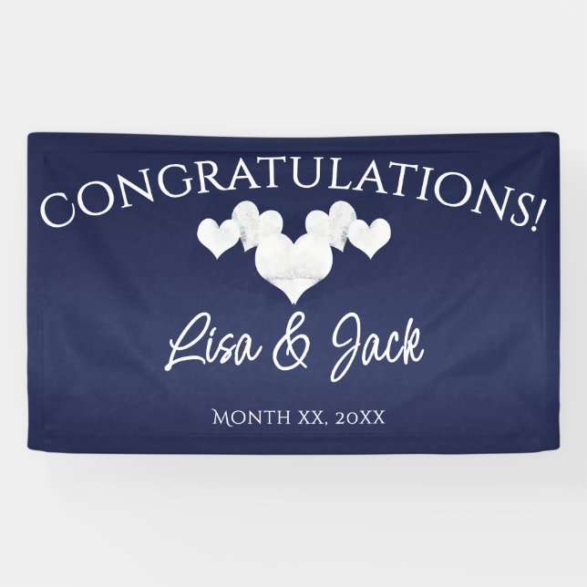 Navy Wedding Banner Elegant White Hearts (Horizontal)