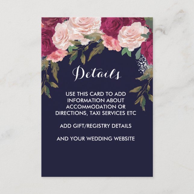 Navy wedding details card pink burgundy floral (Front)