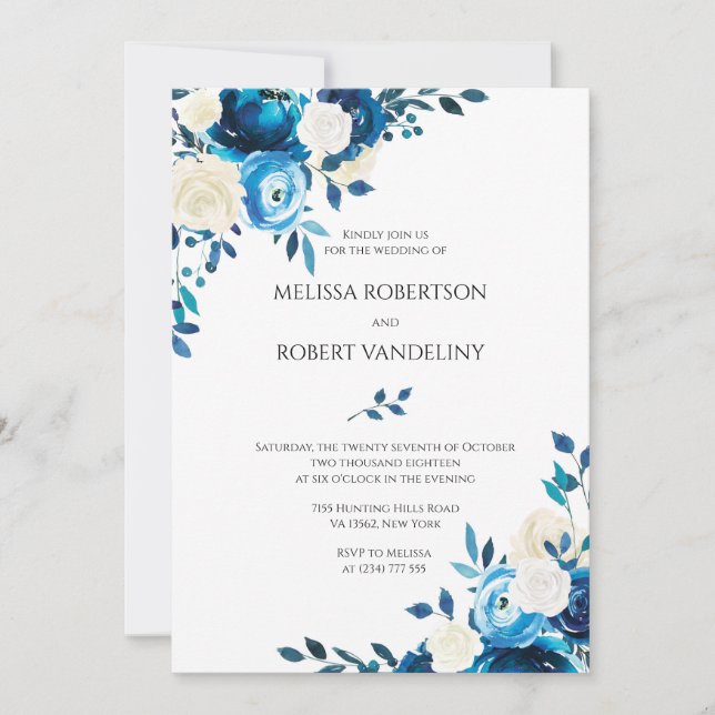 Navy Wedding Invitation Floral Blue Roses (Front)