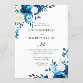 Navy Wedding Invitation Floral Blue Roses