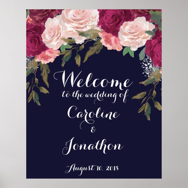 Navy wedding welcome sign burgundy florals (Front)