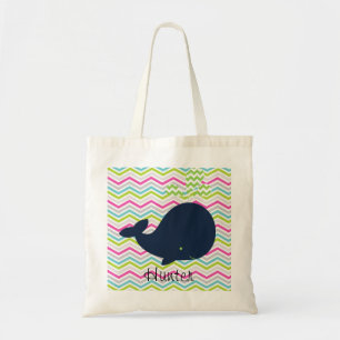 Navy Whale on Colourful Chevron Stripes Custom Bag