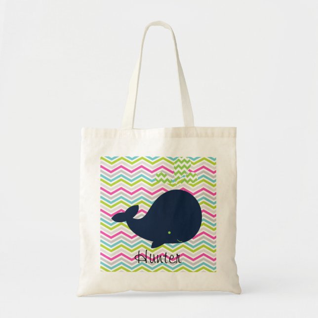 Navy Whale on Colourful Chevron Stripes Custom Bag (Front)