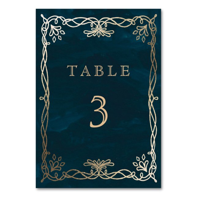 Navy Whimsical  Mediaeval Wedding Table Number (Front)