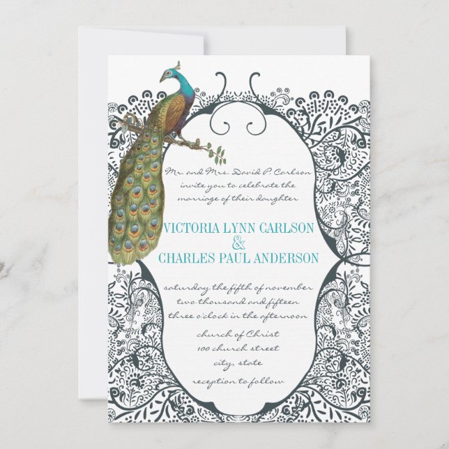 Navy Whimsical  Peacock Love Bird Pattern Wedding Invitation (Front)