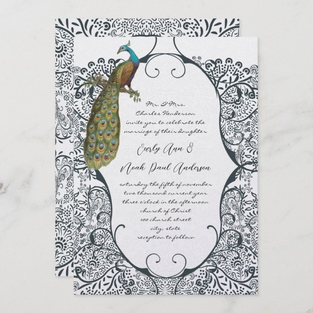 Navy Whimsical Peacock Love Bird Pattern Wedding Invitation (Front/Back)