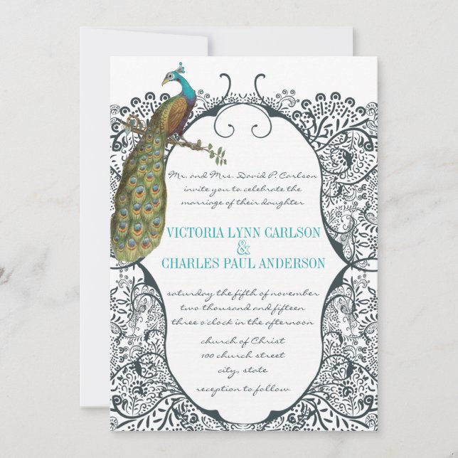 Navy Whimsical  Peacock Love Bird Pattern Wedding Invitation (Front)
