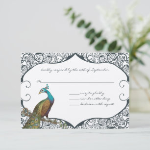 Navy Whimsical Peacock Love Bird RSVP