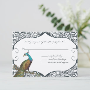 Navy Whimsical Peacock Love Bird RSVP Card