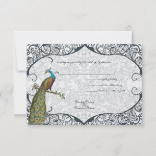 Navy Whimsical Peacock Love Bird RSVP Card