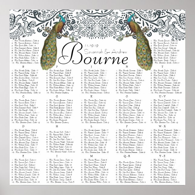 Navy Whimsical Peacock Love Bird Seating Chart (Front)