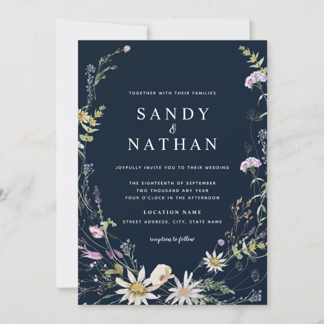 Navy Whimsical Wildflower Botanical Wedding  Invitation (Front)