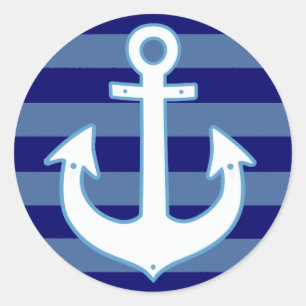 navy white anchor & blue stripes classic round sticker