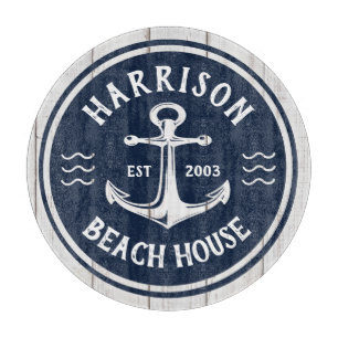 Navy White Anchor Nautical Family Name Beach House Cutting Board