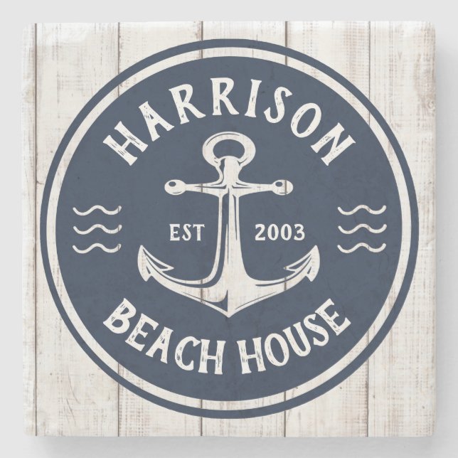Navy White Anchor Nautical Family Name Beach House Stone Coaster (Front)
