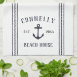 Navy & White Anchor Personalised Beach House Tea Towel<br><div class="desc">Customise your beach house kitchen with this cute personalised towel featuring your family name or house name and year established in navy blue lettering accented with a nautical anchor illustration.</div>