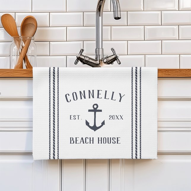 Navy & White Anchor Personalised Beach House Tea Towel (Creator Uploaded)