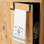 Navy & White Anchor Personalised Boat Name Tea Towel<br><div class="desc">Customise your boat galley with this cute personalised kitchen towel featuring your boat name,  ship's registry,  and year established in navy blue lettering accented with an anchor illustration.</div>