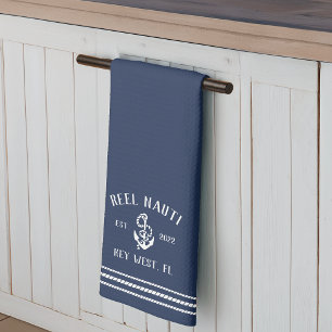 Navy & White Anchor Personalised Boat Name Tea Towel