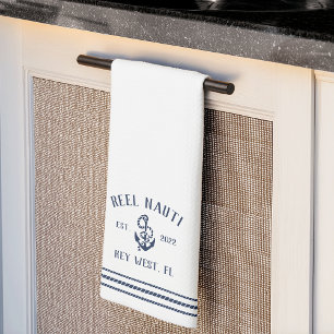 Navy & White Anchor Personalised Boat Name Tea Towel