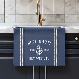 Navy & White Anchor Personalised Boat Name Tea Towel