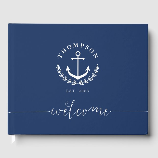Navy White Anchor Wreath Nautical Name & Year Est Guest Book (Front)