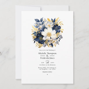 Navy, White, and Gold Floral Wedding Invitation