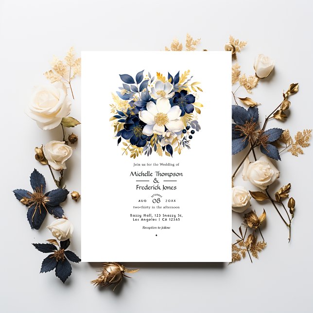 Navy, White, and Gold Floral Wedding Invitation (Creator Uploaded)