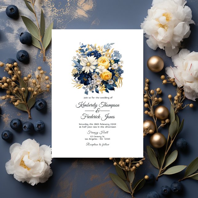 Navy, White and Gold Floral Wedding Invitation (Creator Uploaded)