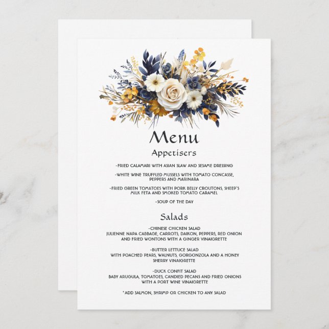 Navy, White, and Gold Floral Wedding Menu (Front/Back)