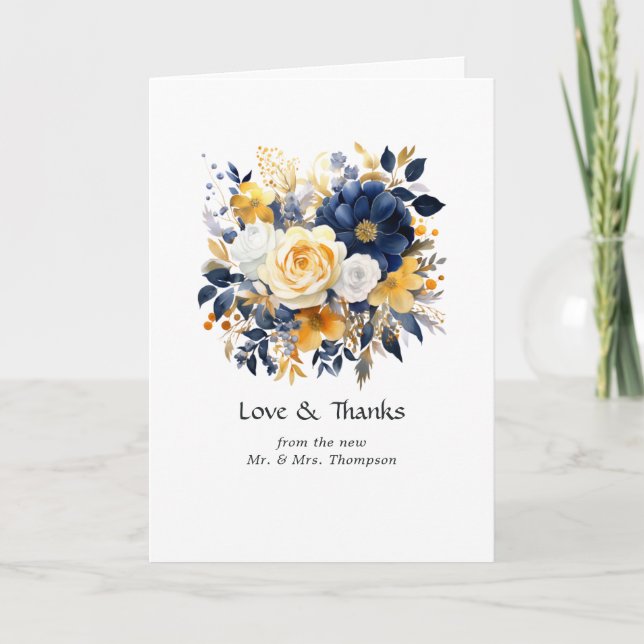 Navy, White, and Gold Floral Wedding Thank You Card (Front)