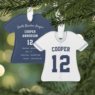 Navy & White Baseball Jersey Player Stats Ornament