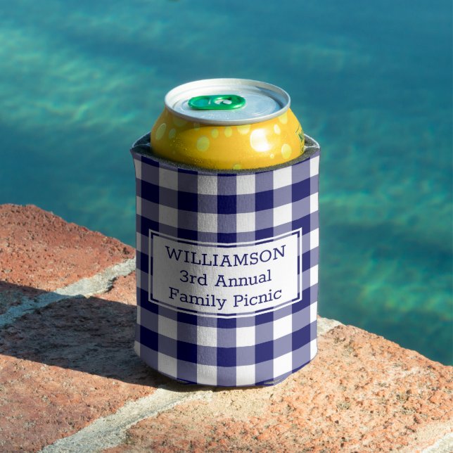 Navy White Buffalo Check Custom Name Family Picnic Can Cooler (In Situ Pool)