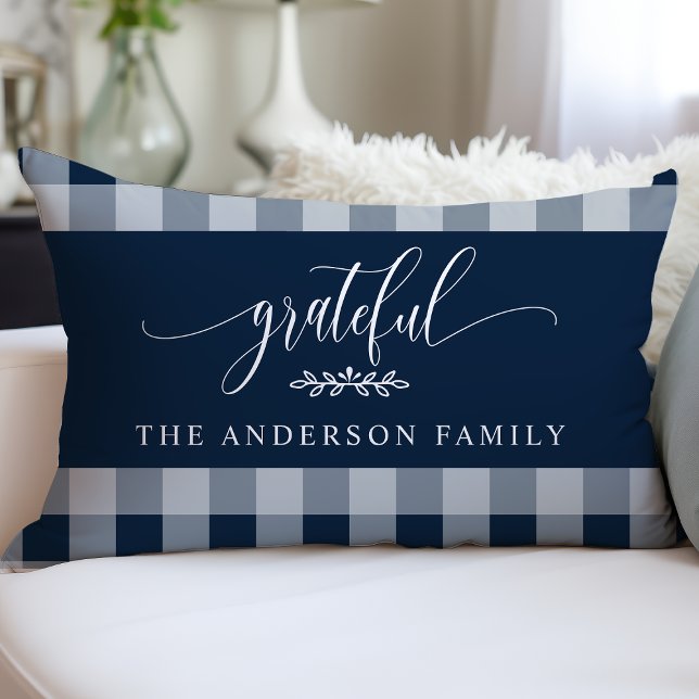 Navy & White Buffalo Check Grateful Personalised Lumbar Cushion (Creator Uploaded)