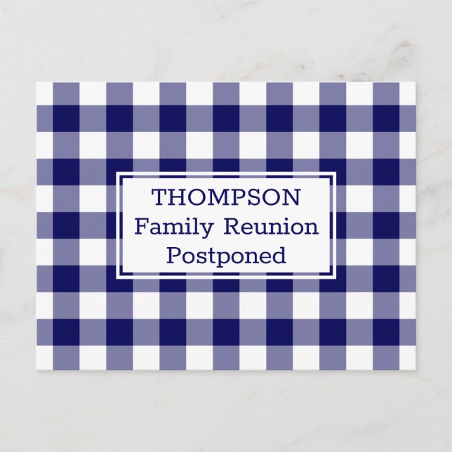 Navy White Buffalo Check Postponed Family Reunion Announcement Postcard (Front)