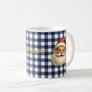 Navy & White Buffalo Check Santa and Gold Name Coffee Mug