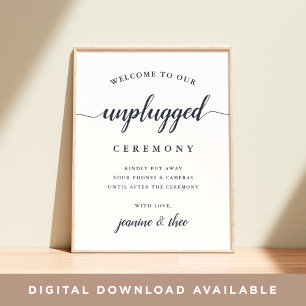 Navy & White Calligraphy Unplugged Wedding Sign