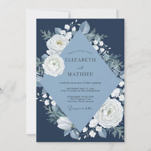 Navy White Camellia Eucalyptus Wedding Invitation